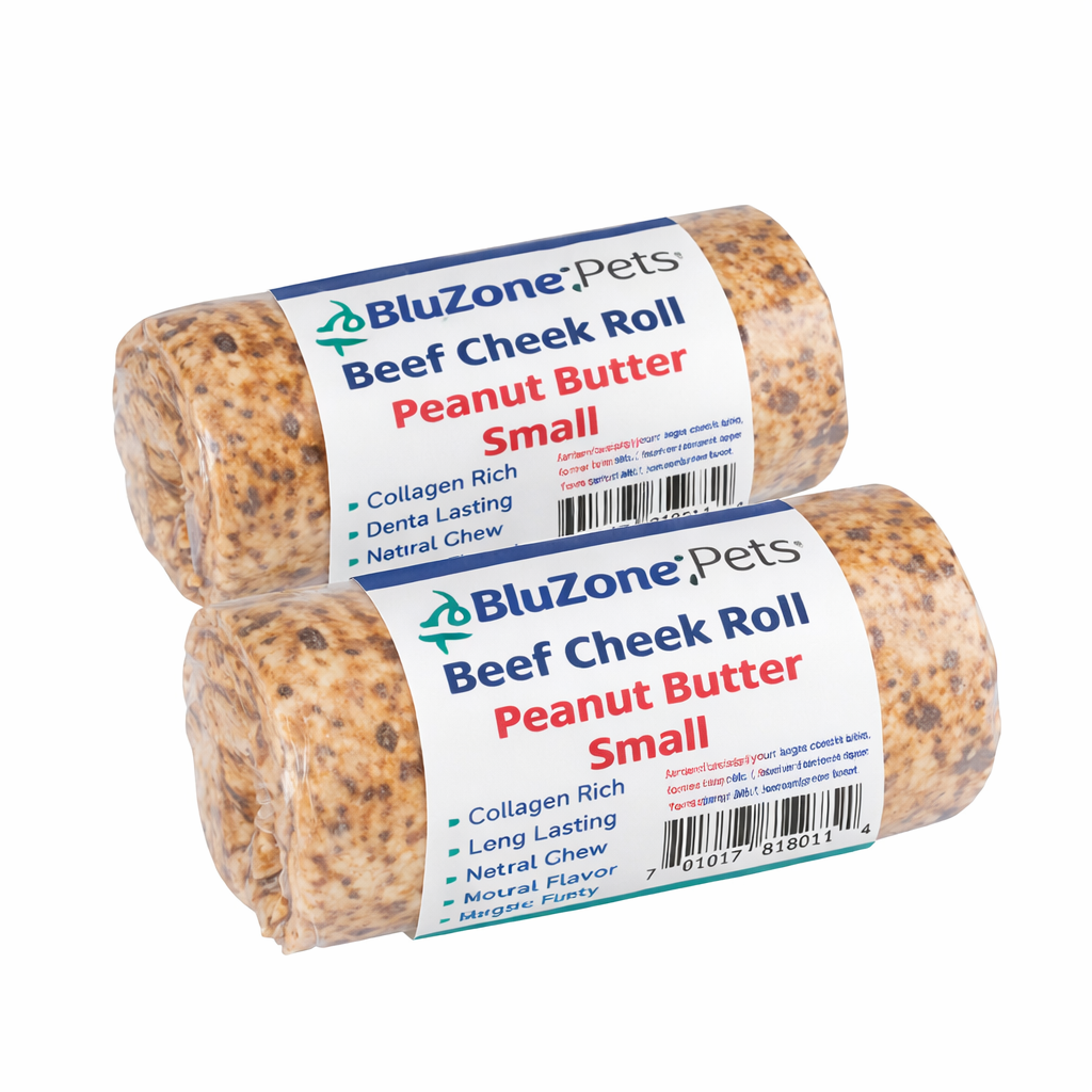 BluZone Pets Peanut Butter Beef Cheek Rolls Small 10 pack — grass-fed collagen-rich slow-baked beef cheek power chews with peanut butter coating for small to medium dogs, natural rawhide alternative