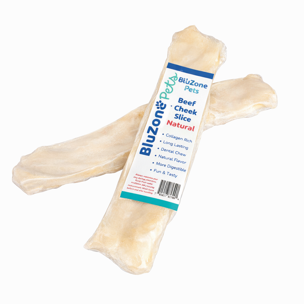 BluZone Pets Beef Cheek Slices large 8 pack — single-ingredient grass-fed collagen-rich slow-baked flat beef cheek chews for medium dogs, natural rawhide alternative