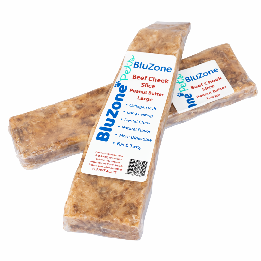 BluZone Pets Peanut Butter Beef Cheek Slices for medium to large dogs 8 pack — grass-fed collagen-rich slow-baked rawhide-free natural dog chews moderate chewers